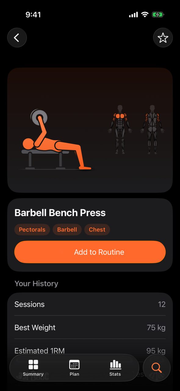 Barbell Bench Press page in dark mode: an animated figure beside the body map